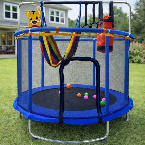Trampolina dla dzieci ogrodowa siatka piłki koszykówka 155cm niebieska