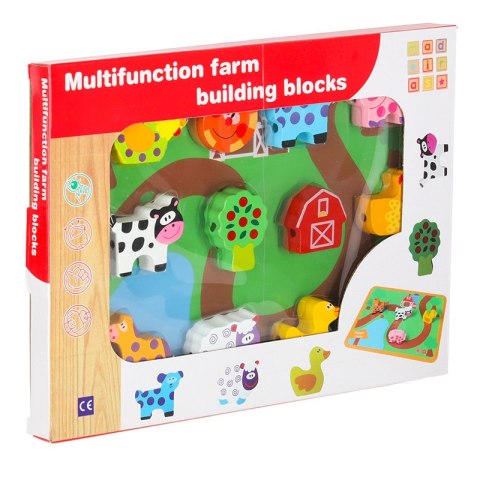 Klocki drewniane do nawlekania tablica plansza farma zwierzęta