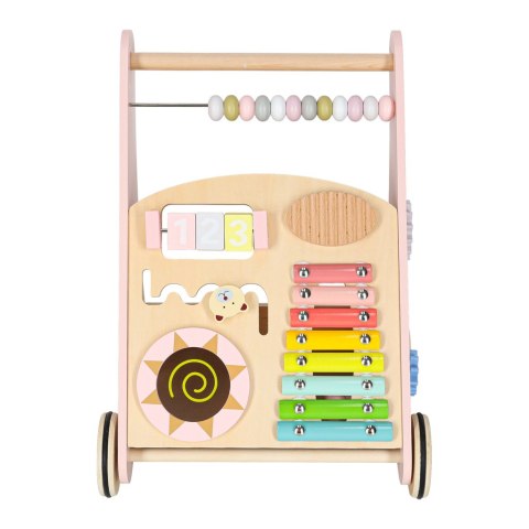 Pchacz dla dziecka chodzik drewniany z liczydłem różowy