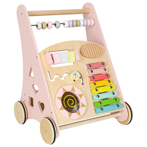 Pchacz dla dziecka chodzik drewniany z liczydłem różowy