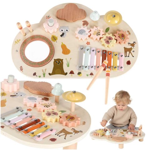 Stolik edukacyjny drewniany tablica muzyczna cymbałki talerze