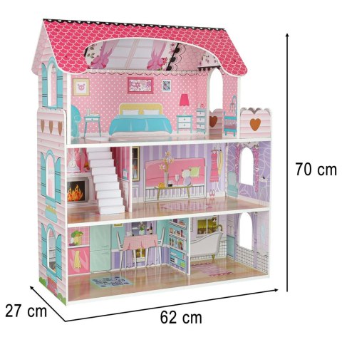 Domek dla lalek drewniany MDF mebelki 70cm różowy LED