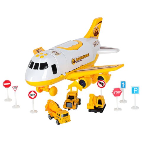 Samolot interaktywny rozkładany parking pojazdy budowlane 3 auta dźwięk światła