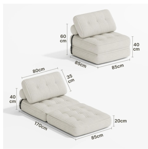 BEALIFE Składana kanapa 3 w 1 | | 85x85x60 cm | AR32, kolor WHITE
