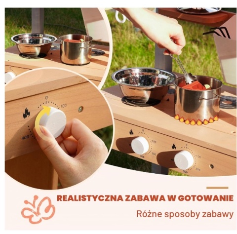 Drewniana kuchnia błotna z baldachimem dla dzieci z pudełkiem do sadzenia, kuchenką, zbiornikiem na wodę, kranem i zlewem,
