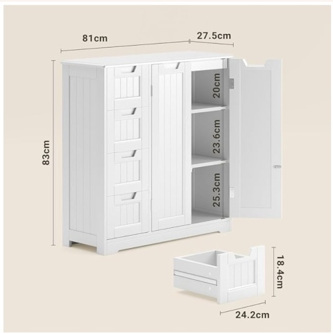 SZAFKA WOLNOSTOJĄCA 81X30X83CM 4 SZUFLADY 2 DRZWI REGULOWANA PÓŁKA BIAŁA