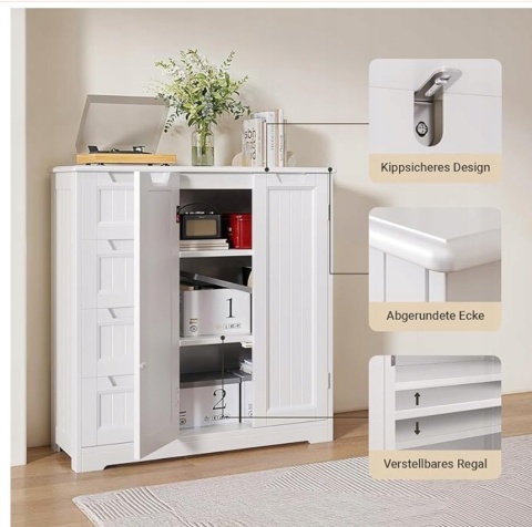 SZAFKA WOLNOSTOJĄCA 81X30X83CM 4 SZUFLADY 2 DRZWI REGULOWANA PÓŁKA BIAŁA