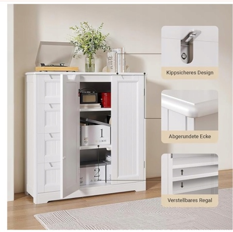 SZAFKA WOLNOSTOJĄCA 81X30X83CM 4 SZUFLADY 2 DRZWI REGULOWANA PÓŁKA BIAŁA