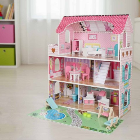 Domek dla lalek drewniany Lulilo Gardeno z ogródkiem mebelki 70cm różowy LED