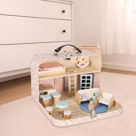 Domek dla lalek w walizce akcesoria drewniane mebelki