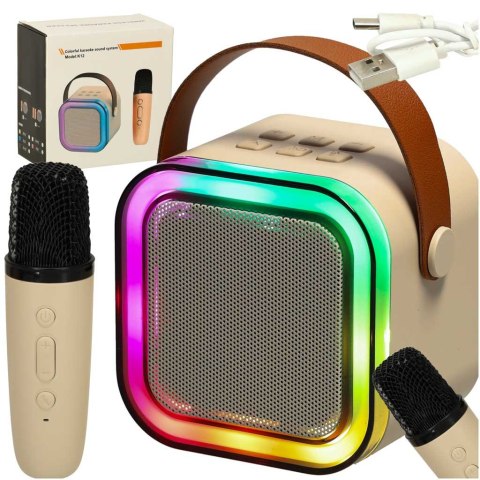 Zestaw do karaoke głośnik Bluetooth mikrofon USB LED beżowy