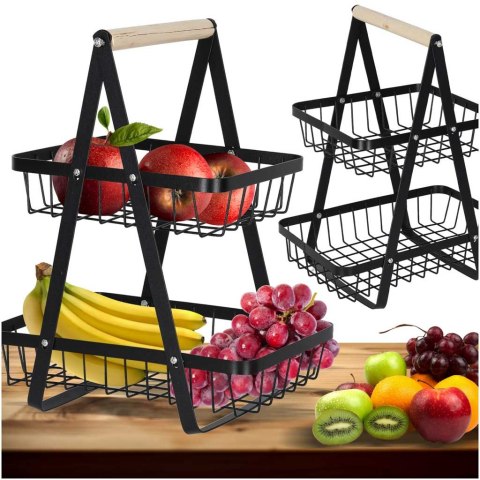 Kosz miska na owoce dwupoziomowy piętrowy metal drewno